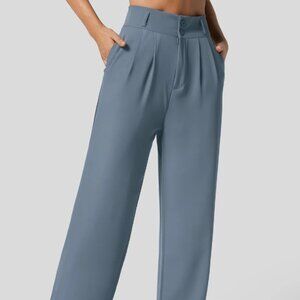 US-L,  High Waisted Shirred Back Side Pocket Plicated, Strt Leg Suit Pant - Blue